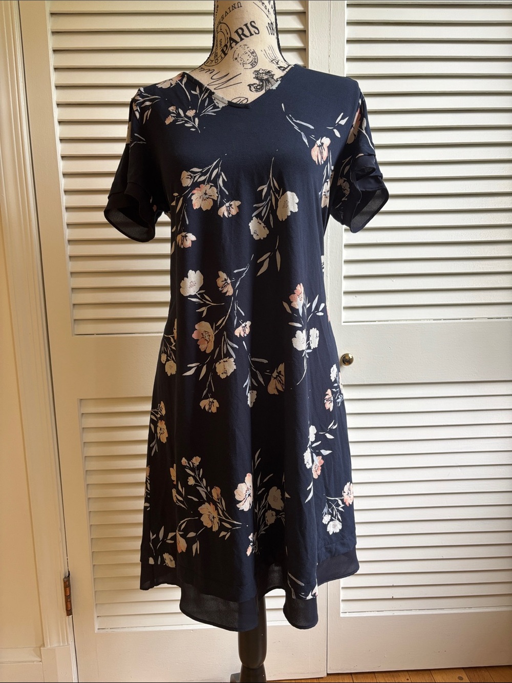 J.Jill Navy Floral Flutter Sleeve A-Line Dress Size Small